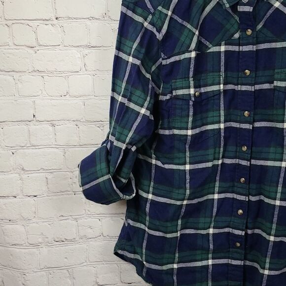 Jachs Girlfriend Bea Plaid Pearl Snap Button Down Blu Flannel Denim Collar Shirt - Picture 6 of 10